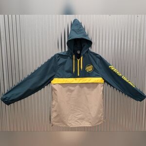 Men's Large Santa Cruz Skateboards Hooded Anorak Windbreaker in Teal and Beige